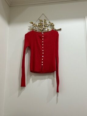 Free People Red Ribbed Button-Front Long Sleeve Top